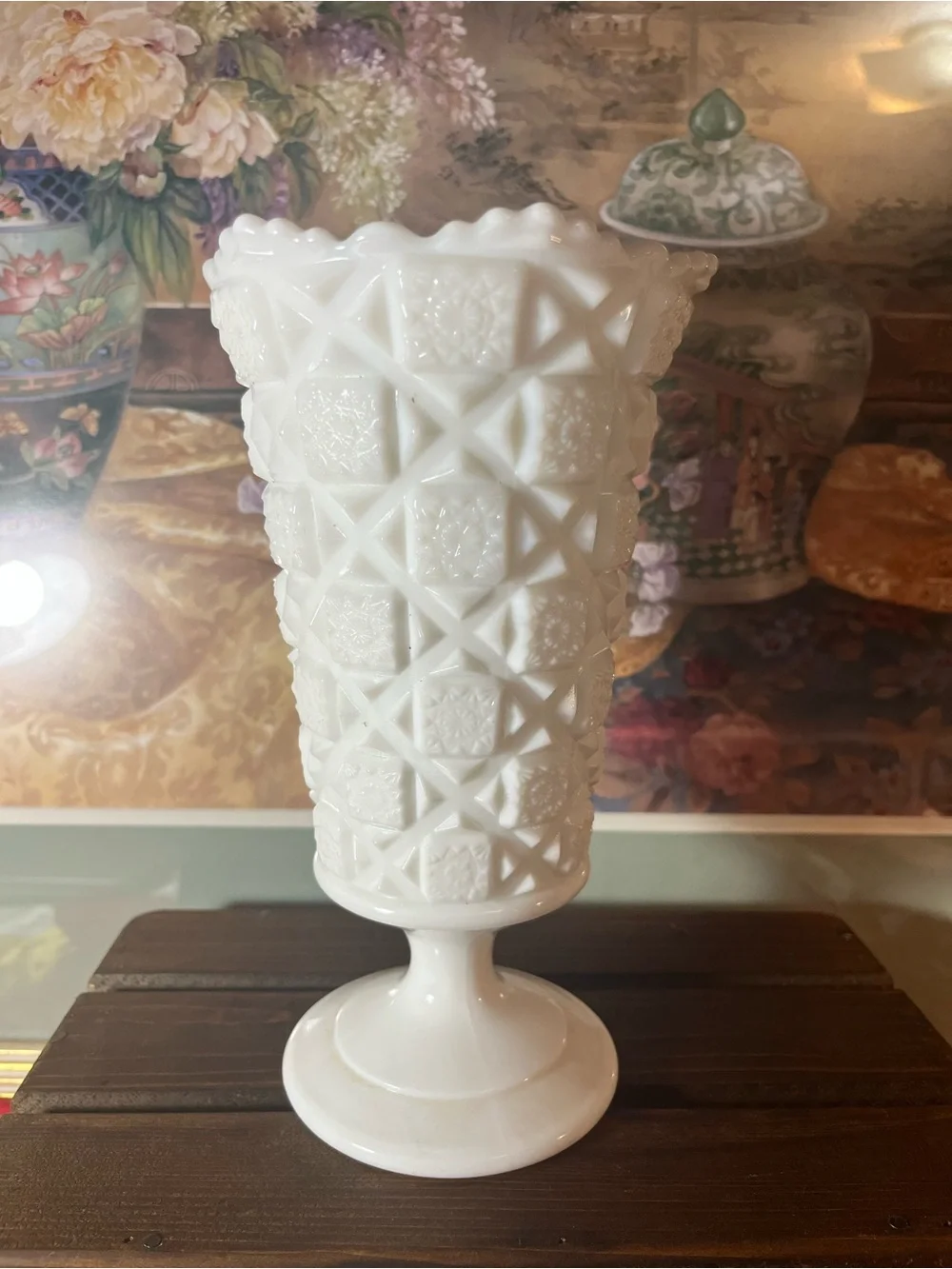 Classic White Milk Glass Pedestal Vase old quilt pattern by Westmoreland